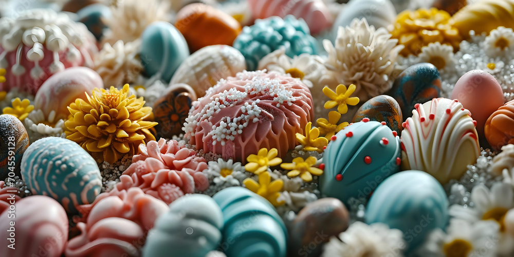 Fototapeta premium close up of colorful ice cream with different flavors and chocolate