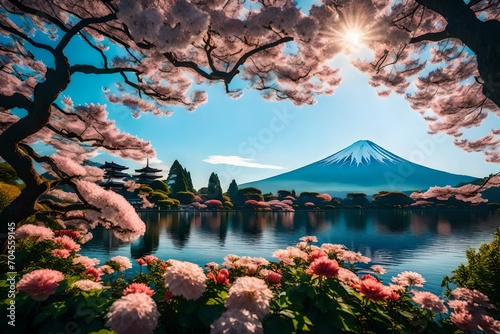 The breathtaking Mount Fuji stands majestically over a serene lake, surrounded by vibrant flowers and lush trees 