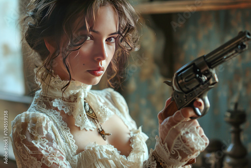 A dangerous and sexy brunette in a Victorian gown wields a lace-covered revolver, her armed stance sensual yet gothic, a bride with a weapon