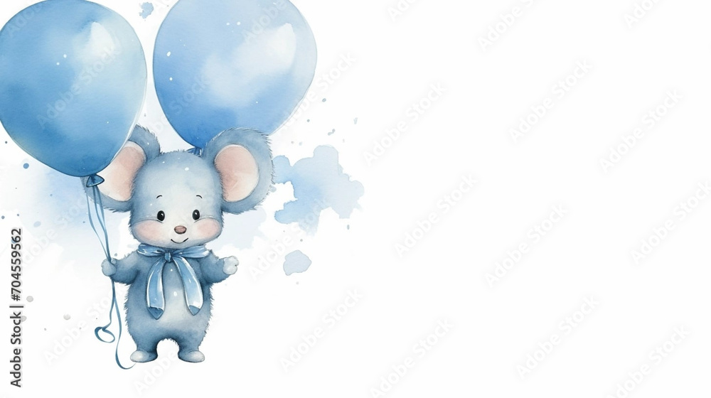 copy space, birthday card in watercolor style, pastel blue colors and golden glitters, sweet boyish mouse holding balloons. Cute birth announcement card. Template voor birth cards, cute baby announcem copy space, birthday card in watercolor style, pastel blue colors and golden glitters, sweet boyish mouse holding balloons. Cute birth announcement card. Template voor birth cards, cute baby announcem