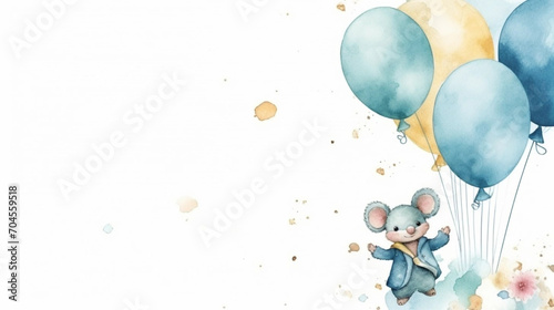 copy space, birthday card in watercolor style, pastel blue colors and golden glitters, sweet boyish mouse holding balloons. Cute birth announcement card. Template voor birth cards, cute baby announcem photo