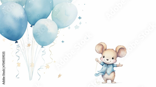 copy space, birthday card in watercolor style, pastel blue colors and golden glitters, sweet boyish mouse holding balloons. Cute birth announcement card. Template voor birth cards, cute baby announcem