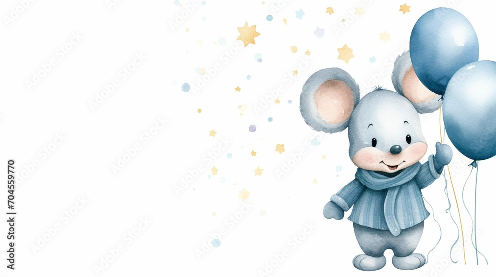 copy space, birthday card in watercolor style, pastel blue colors and golden glitters, sweet boyish mouse holding balloons. Cute birth announcement card. Template voor birth cards, cute baby announcem copy space, birthday card in watercolor style, pastel blue colors and golden glitters, sweet boyish mouse holding balloons. Cute birth announcement card. Template voor birth cards, cute baby announcem