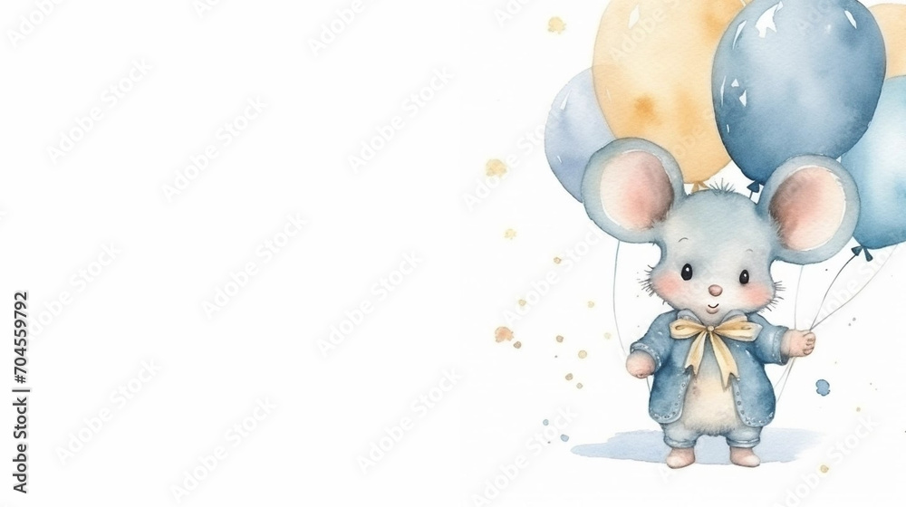 copy space, birthday card in watercolor style, pastel blue colors and golden glitters, sweet boyish mouse holding balloons. Cute birth announcement card. Template voor birth cards, cute baby announcem copy space, birthday card in watercolor style, pastel blue colors and golden glitters, sweet boyish mouse holding balloons. Cute birth announcement card. Template voor birth cards, cute baby announcem