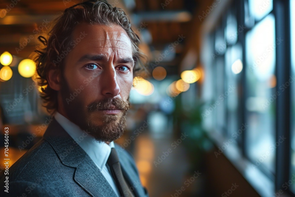Thoughtful Businessman in Modern Office Corridor Thoughtful Businessman in Modern Office Corridor