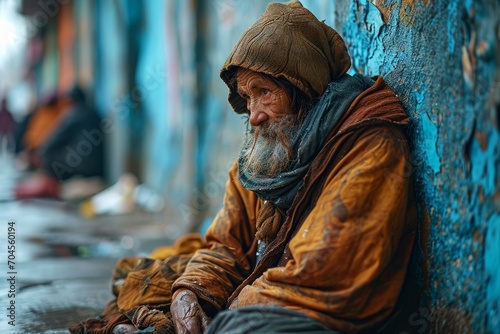 In the grip of poverty, a sad beggar sits alone, his eyes reflecting misery and hopelessness. He's a stark symbol of homelessness, loneliness, and prevailing social issues photo