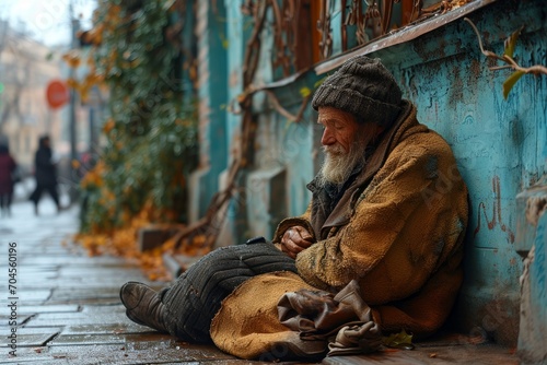 A beggar embodies despair and hopelessness on the streets, his sad eyes mirroring poverty. Surrounded by loneliness, he faces the grim reality of homelessness and social issues