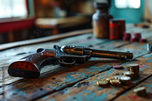 A cowboy's handgun, a revolver known as a colt, sits amidst the crime and violence tales of the West, an iconic firearm of history