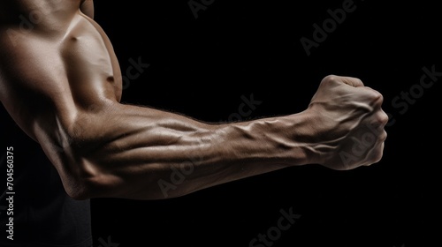 tense arm clenched into fist, veins, bodybuilder muscles on a dark background. Neural network AI generated art photo