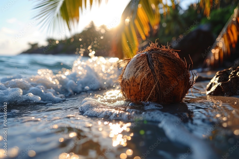 Sand caresses the beach's coast, where outdoors, a coconut symbolizes the exotic shore, a quintessence of summertime travel in the tropics - obrazy, fototapety, plakaty 
