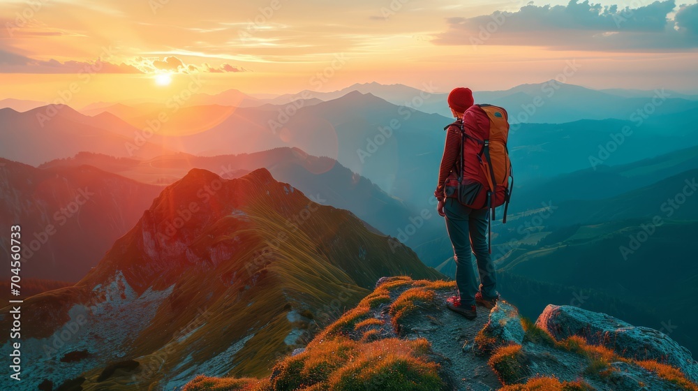 Mountain hiking adventure, panoramic view of a hiker overlooking a majestic mountain range Mountain hiking adventure, panoramic view of a hiker overlooking a majestic mountain range