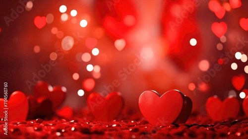 The red Heart shapes on abstract light glitter background in love concept for valentines day with sweet and romantic moment, greeting card, generative ai