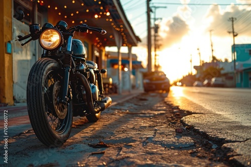 Ride into sunset, a motorcycle gang stops at a bar, where America's biker brotherhood celebrates freedom, their motorbikes and band united photo