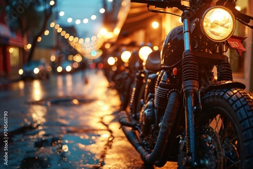 In America, a biker gang enjoys the freedom of a sunset ride; brotherhood shines at a roadside bar, motorcycles and motorbikes parked nearby photo