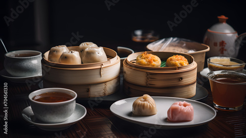 45 degree view of Prawn shrimp shaomai dim sum dumpling in bamboo steamer, Dim sum with shrimp on wooden plate on dark stone table macro close up