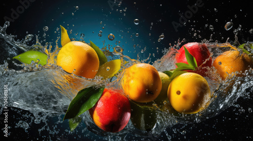 Smooth Fresh Ripe Organic Mango Fruit with leaf falling into water and splashes created with Generative AI Technology 