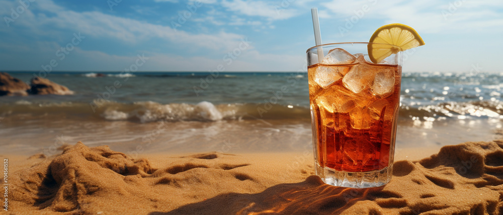 drink on sandy beach-Exotic summer drink in sand, blur beach on background drink on sandy beach-Exotic summer drink in sand, blur beach on background