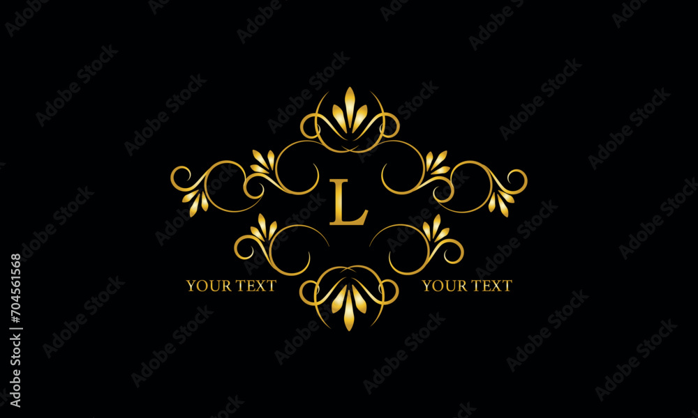 Luxury gold initial letter L monogram with frame ornament for boutique, beauty spa, hotel, resort, restaurant, jewelry, cosmetic logo design, wedding.
