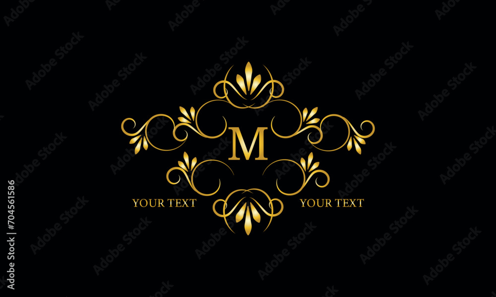 Luxury gold initial letter M monogram with frame ornament for boutique, beauty spa, hotel, resort, restaurant, jewelry, cosmetic logo design, wedding.