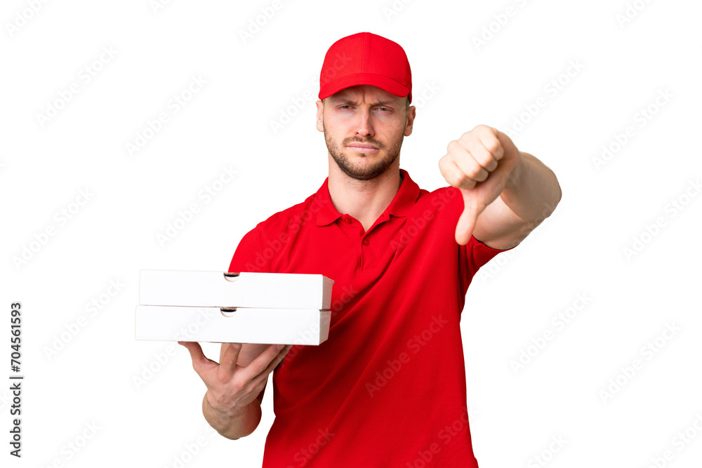Pizza delivery man with work uniform picking up pizza boxes over isolated chroma key background showing thumb down with negative expression Pizza delivery man with work uniform picking up pizza boxes over isolated chroma key background showing thumb down with negative expression