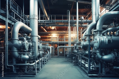 Modern industrial building with pipes, heat exchangers and valves. photo