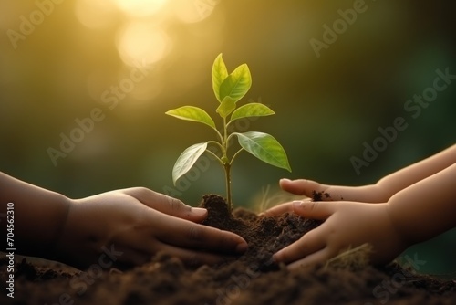 Hand holding green plant or tree in soil with sunlight background. Plant growth and ecology concept Sustainability and investing in people and soil for the future