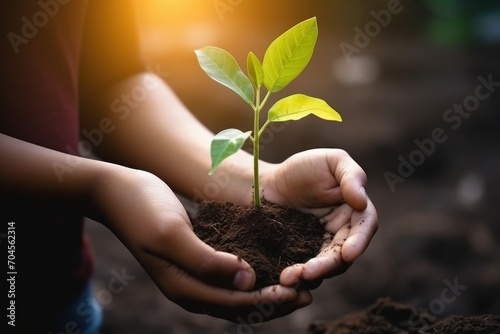 Hand holding green plant or tree in soil with sunlight background. Plant growth and ecology concept Sustainability and investing in people and soil for the future