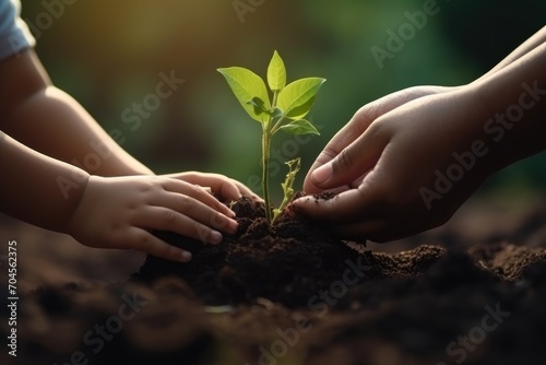 Hand holding green plant or tree in soil with sunlight background. Plant growth and ecology concept Sustainability and investing in people and soil for the future