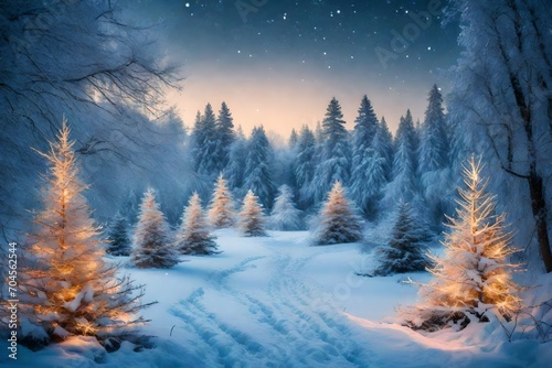 Winter forest background. Christmas trees decorated with garland lights   © Hassan