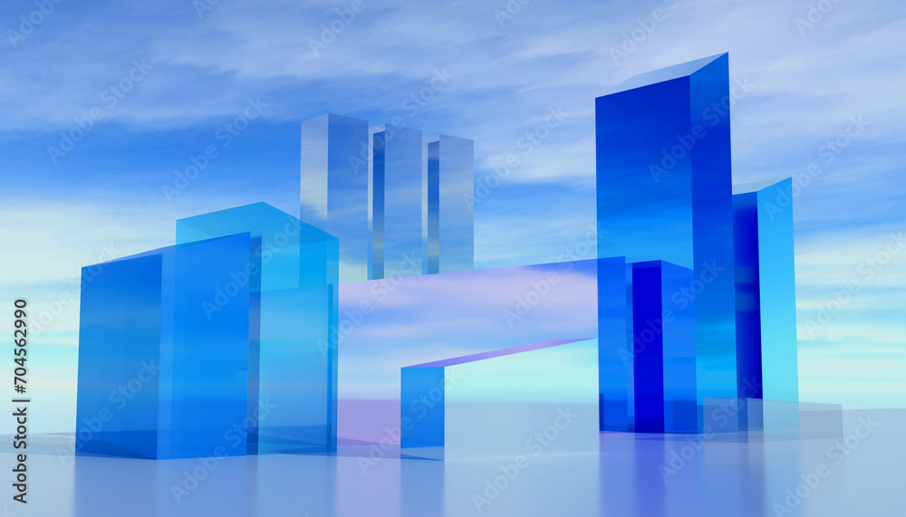 3d render of abstract futuristic architecture background with empty reflective concrete tile floor. Concept for presentation, keyword, headline, advertising. Glass architecture building shapes art. 3d render of abstract futuristic architecture background with empty reflective concrete tile floor. Concept for presentation, keyword, headline, advertising. Glass architecture building shapes art.