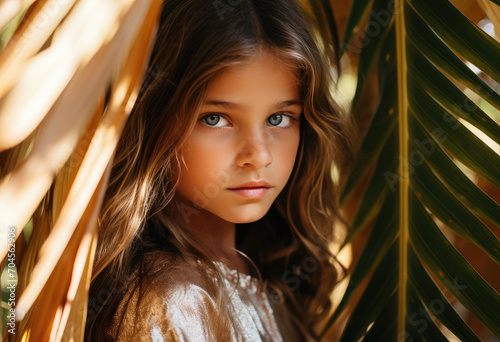 A captivating portrait of a fashion-forward girl with flowing locks, confidently posing amidst a sea of vibrant leaves in a striking photo shoot