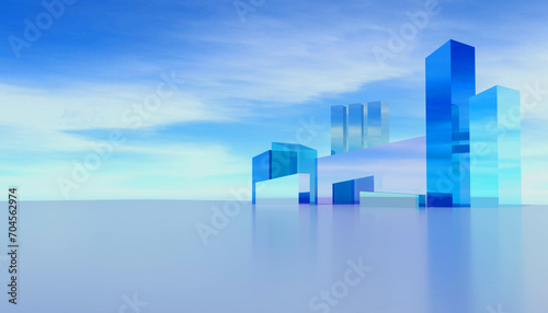 3d render of abstract futuristic architecture background with empty reflective concrete tile floor. Concept for presentation  keyword  headline  advertising. Glass architecture building shapes art.