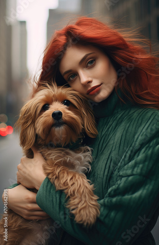 A stylish woman lovingly cradles her furry companion, a beautiful brown dog, in her arms while standing outdoors photo