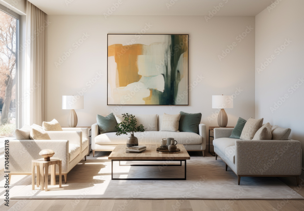 A cozy living room with elegant furniture, including a studio couch, loveseat, and club chair, adorned with colorful throw pillows and a beautiful painting on the wall, creating a warm and inviting a