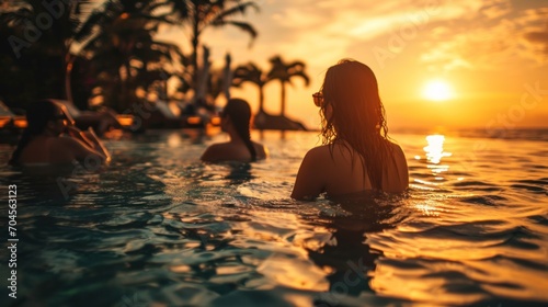 Tourist relaxes and enjoys sunset by tropical resort pool while traveling during summer vacation