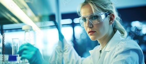 Blond researcher in lab examining chromosome results with safety gear. photo