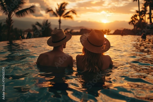 Tourist relaxes and enjoys sunset by tropical resort pool while traveling during summer vacation