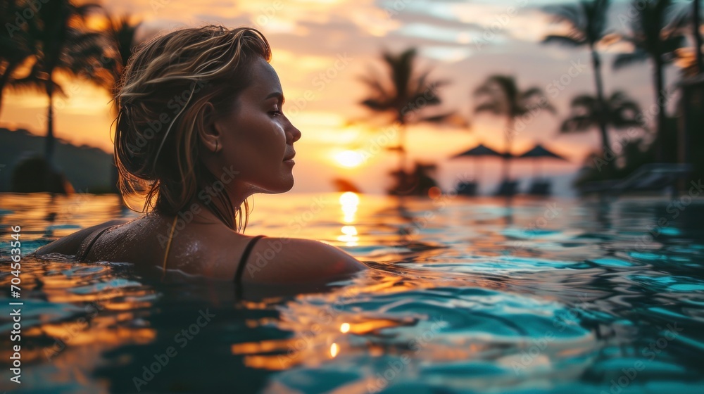 Beautiful young female tourist relaxes and enjoys the sunset by a tropical resort pool while traveling during a summer vacation.