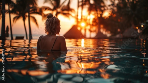 Beautiful young female tourist relaxes and enjoys the sunset by a tropical resort pool while traveling during a summer vacation.