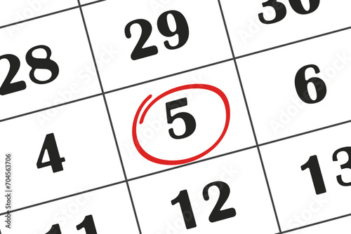 date in the calendar 5 is highlighted with a red pencil. Save the date written on the calendar