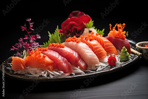 Deliciously arranged sushi platter with fresh sashimi and vibrant garnishes, showcasing an exquisite dining experience.