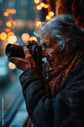 A photo of an elderly person taking a photo with a digital camera, capturing the moment of creativity and the beauty of their subject © Nino Lavrenkova
