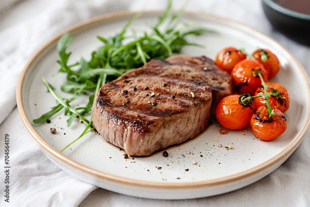 tasty gourmet grilled beef steak with green salad and baked tomatoes on a plate tasty gourmet grilled beef steak with green salad and baked tomatoes on a plate