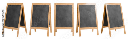 Portable street advertising board. Wooden sandwich panel with blackboard. 3D rendered set.