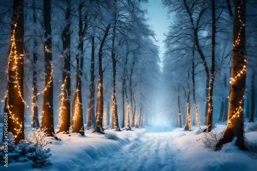 Winter forest background. Christmas trees decorated with garland lights   © Hassan