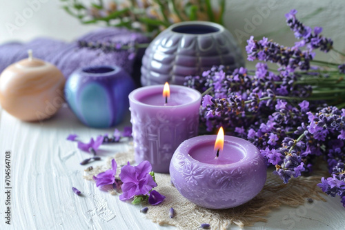Spa products  soaps  salts and lit candle with lavender flowers