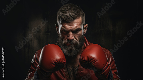 muscular handsome male boxer in boxing gloves on a black background, studio photo, portrait of an athlete, training, face, brutal, strong man © Julia Zarubina