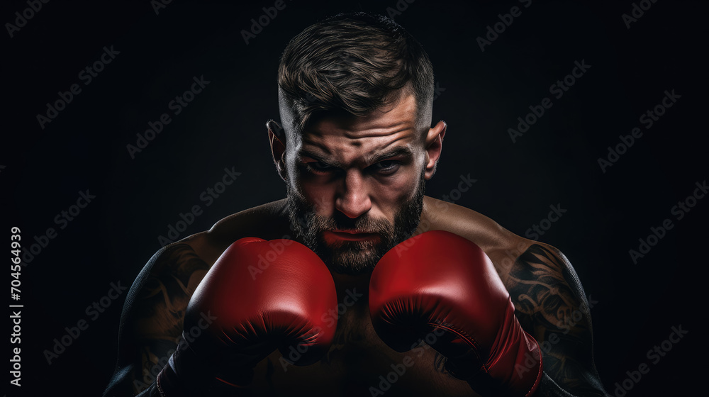 muscular handsome male boxer in boxing gloves on a black background, studio photo, portrait of an athlete, training, face, brutal, strong man