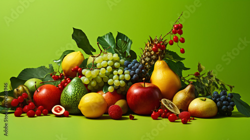 Assorted fruits on a green backdrop