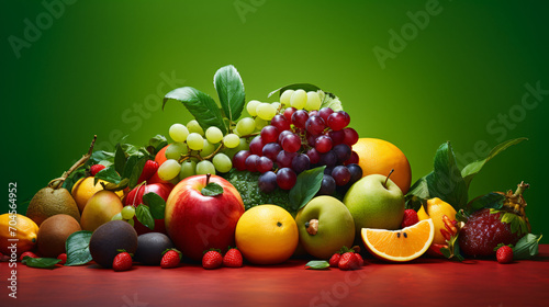 Assorted fruits on a green backdrop